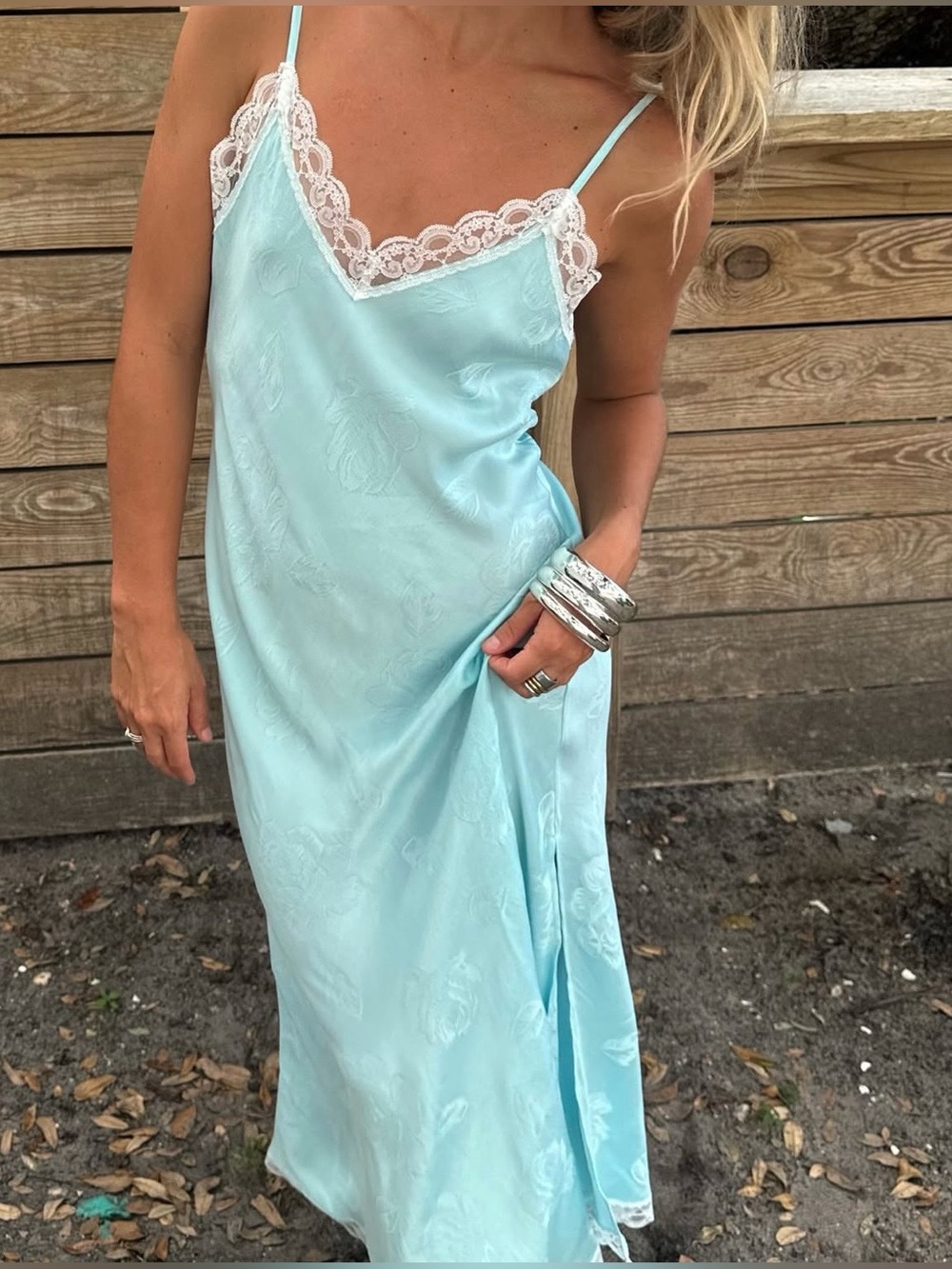 Light Blue Lace-Trim Slip Dress - ELODIE DRESS WITH LACE - SKY  size- SMALL